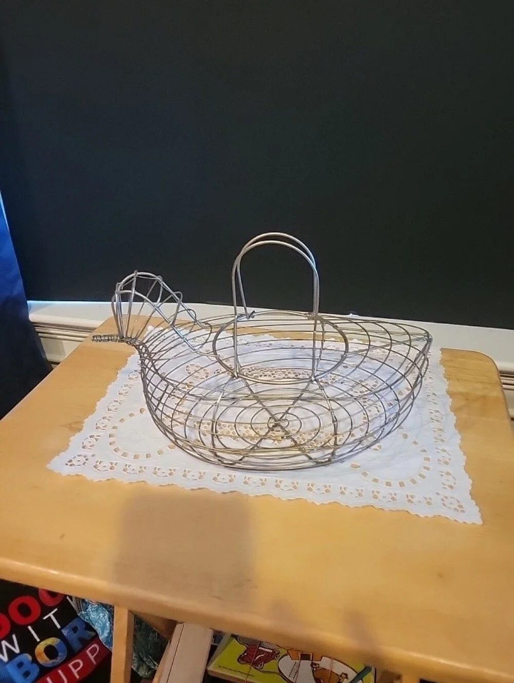 Vintage Wire Egg Collecting Basket Chicken Primitive Country Farmhouse Gold Tone
